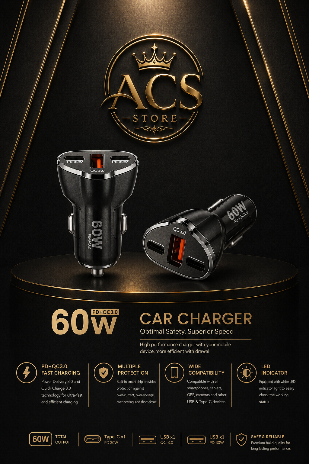 ACS BRANDED CAR CHARGER WITH 3 ports